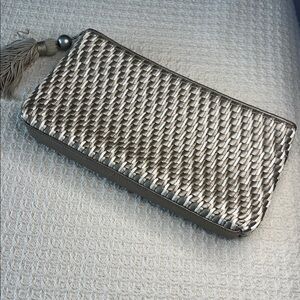 Ganson San Francisco woven clutch purse, golden, silver, cream & tan, very clean